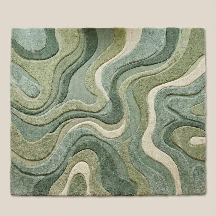 Translation missing: es.Moss green organic shape rug with plush cut pile and abstract wave patterns for living room decor