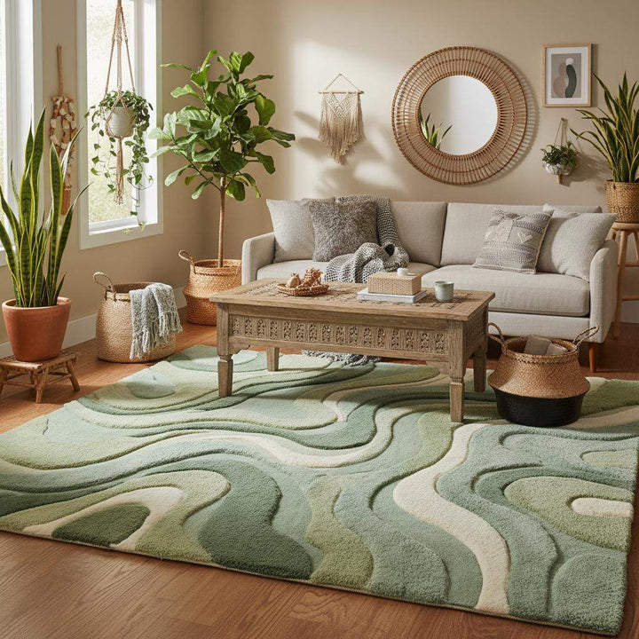 Translation missing: es.Organic-shaped moss green rug with plush cut pile and abstract wave pattern for living room and bedroom decor
