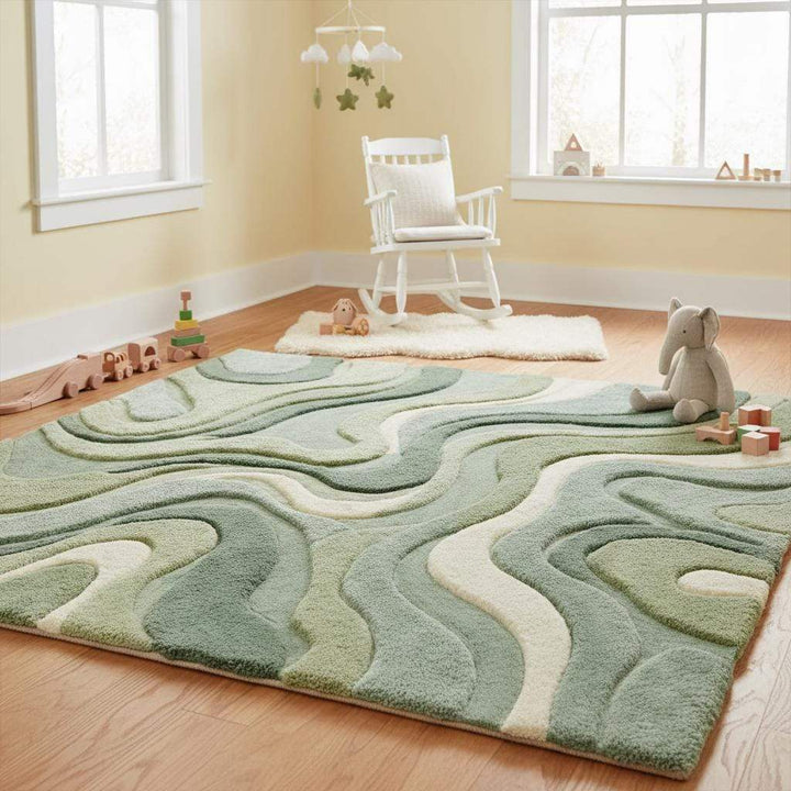 Translation missing: es.Moss green organic shaped plush cut pile rug with abstract wave patterns for living room and bedroom decor