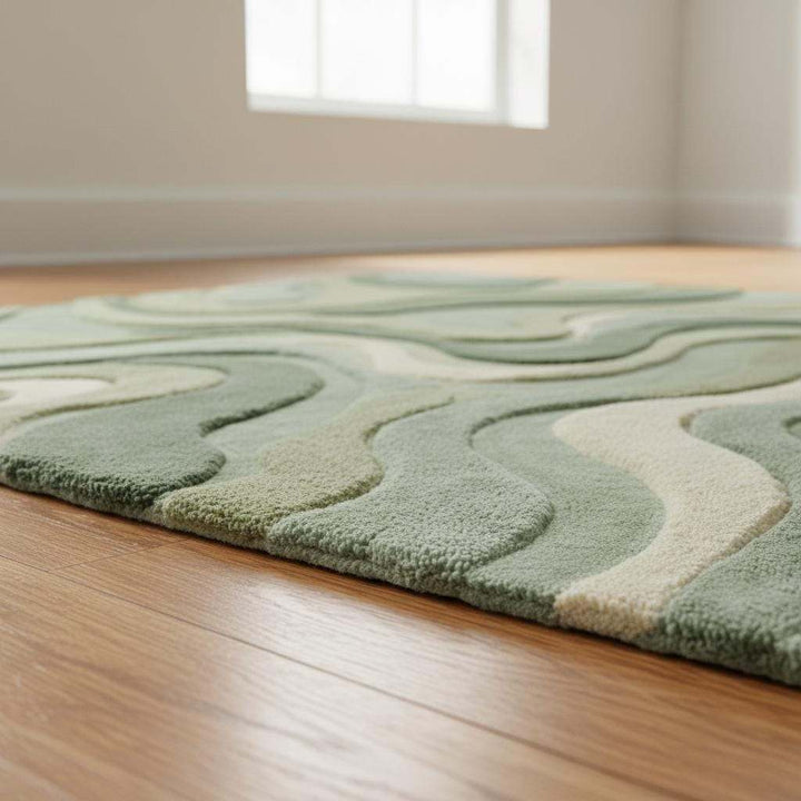 Translation missing: es.Hand tufted moss green rug with plush cut pile and organic wave patterns for living room and bedroom decor