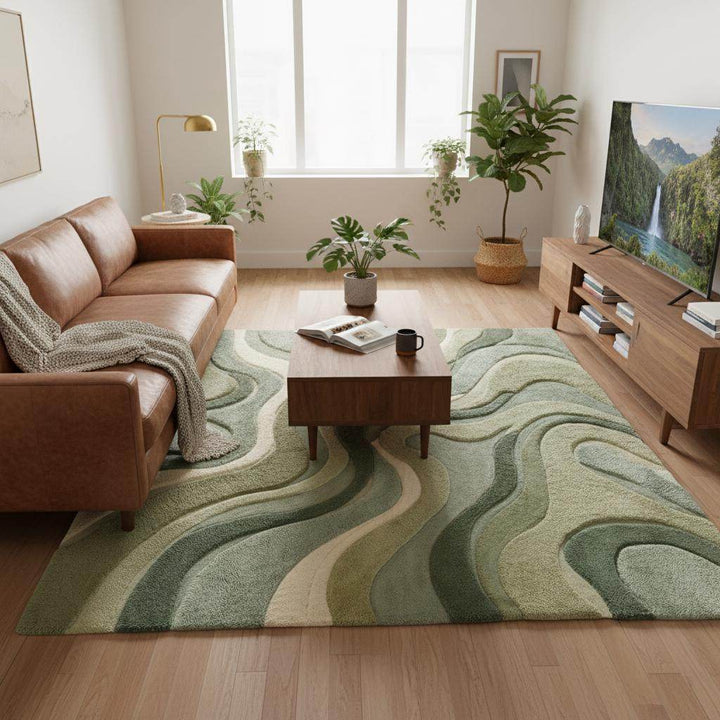 Translation missing: es.Hand tufted moss green rug with plush cut pile and abstract wave design for living room and bedroom decor