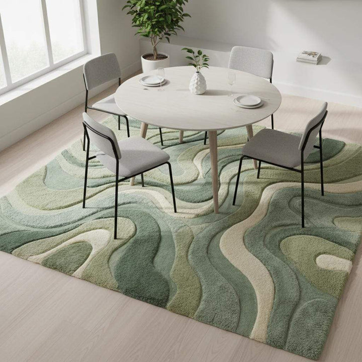 Translation missing: es.Organic moss green rug with plush cut pile and abstract wave patterns for living room and bedroom decor