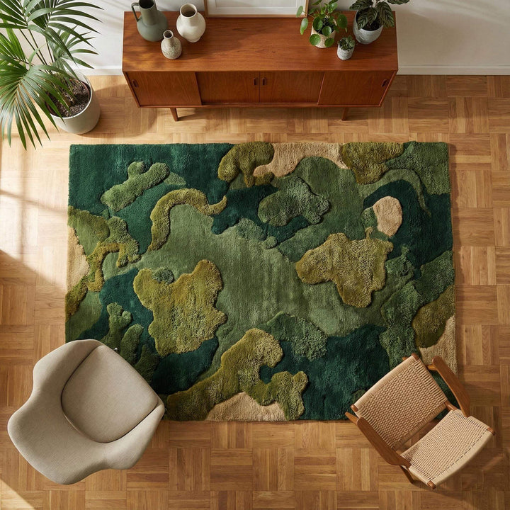 Translation missing: es.Hand tufted moss green wool rug with sculpted high pile texture for biophilic home decor