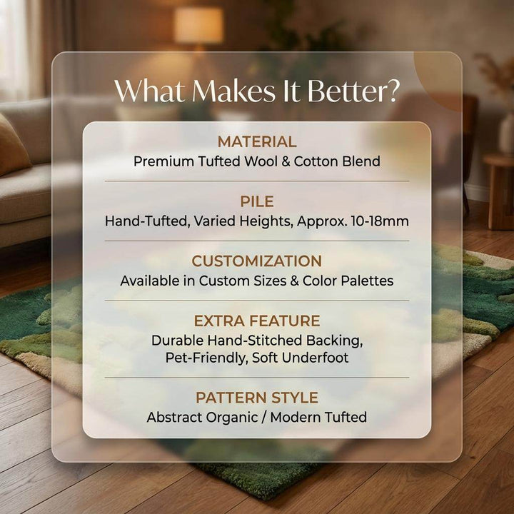 Translation missing: es.Moss Green Wool Rug, Hand Tufted Organic Area Rug, Sculpted High Pile Nature Inspired Carpet for Living Room, Modern Biophilic Home Decor