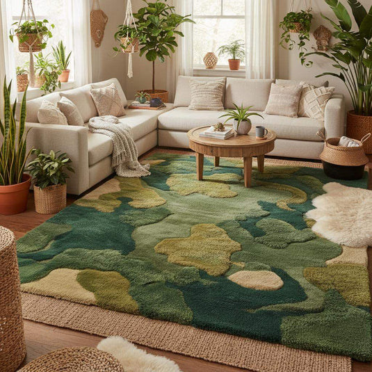 Translation missing: en.Moss Green Wool Rug, Hand Tufted Organic Area Rug, Sculpted High Pile Nature Inspired Carpet for Living Room, Modern Biophilic Home Decor