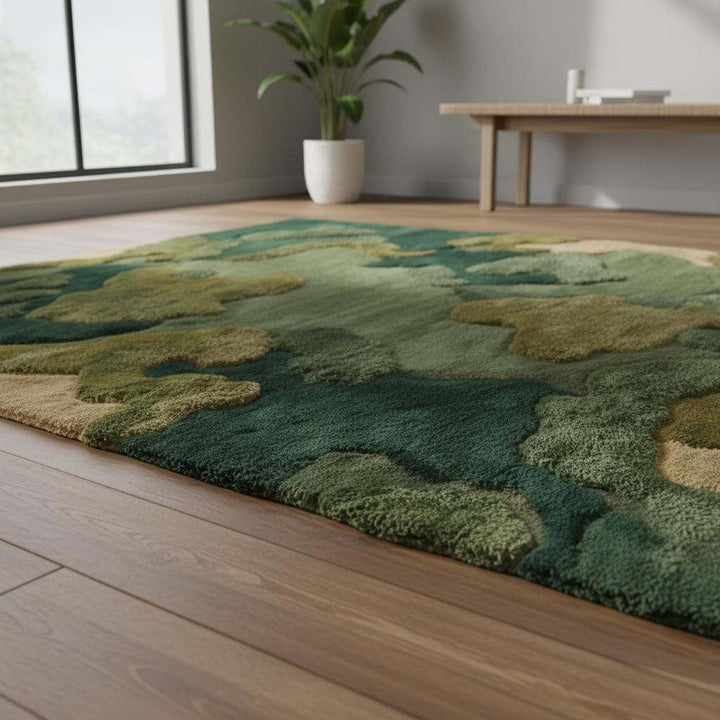 Translation missing: es.Moss Green Wool Rug, Hand Tufted Organic Area Rug, Sculpted High Pile Nature Inspired Carpet for Living Room, Modern Biophilic Home Decor