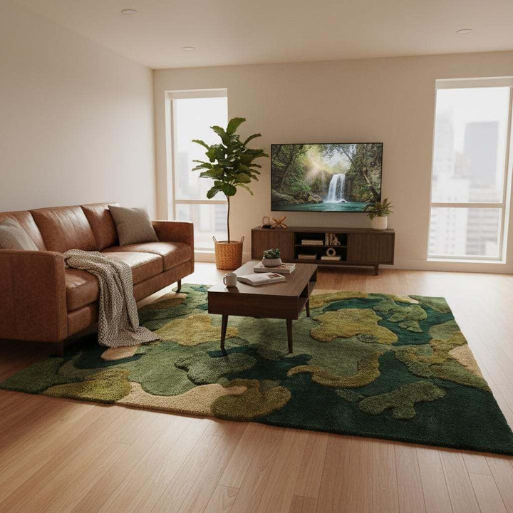 Translation missing: es.Moss Green Wool Rug, Hand Tufted Organic Area Rug, Sculpted High Pile Nature Inspired Carpet for Living Room, Modern Biophilic Home Decor