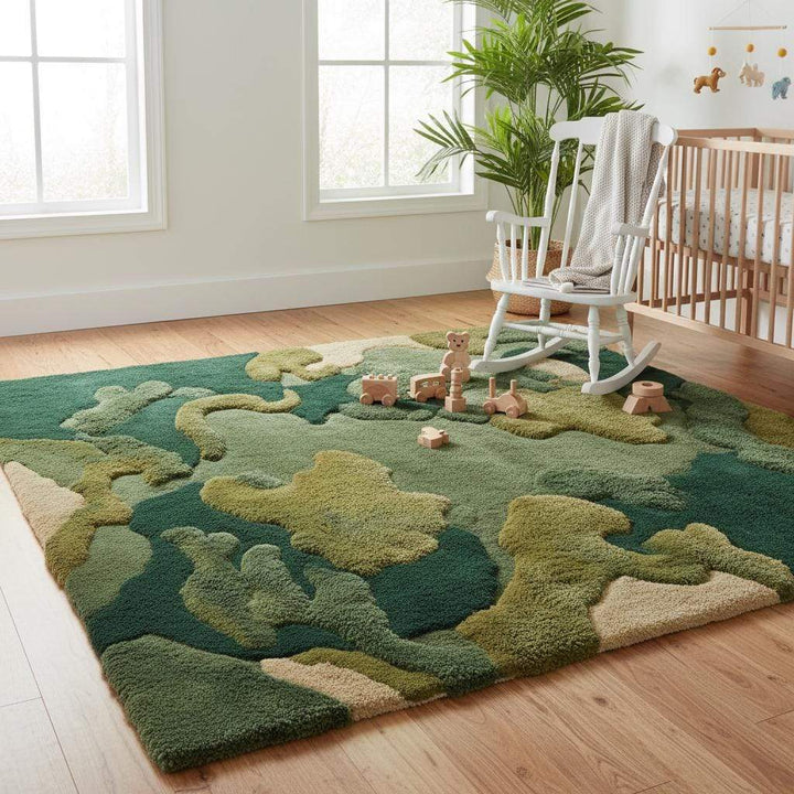 Translation missing: es.Moss Green Wool Rug, Hand Tufted Organic Area Rug, Sculpted High Pile Nature Inspired Carpet for Living Room, Modern Biophilic Home Decor