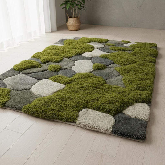 Translation missing: es.Hand-tufted moss rug with raised pebble design in soft green and stone tones for eco-friendly, natural home decor