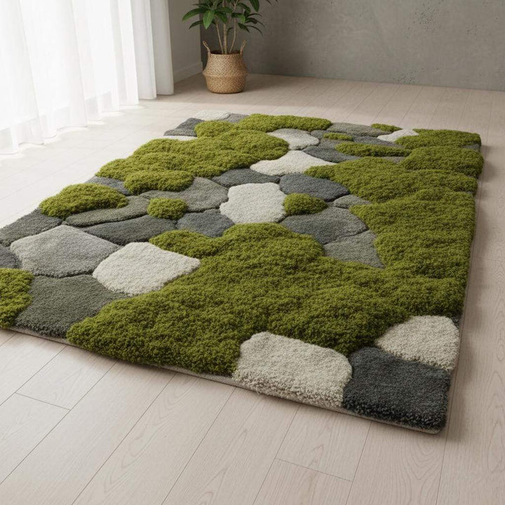 Translation missing: es.Hand-tufted moss rug with raised pebble design in soft green and stone tones for eco-friendly, natural home decor
