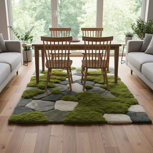 Translation missing: es.Hand-tufted moss rug with raised pebble design, soft green tones, and stone-like neutrals for a natural, eco-friendly floor covering