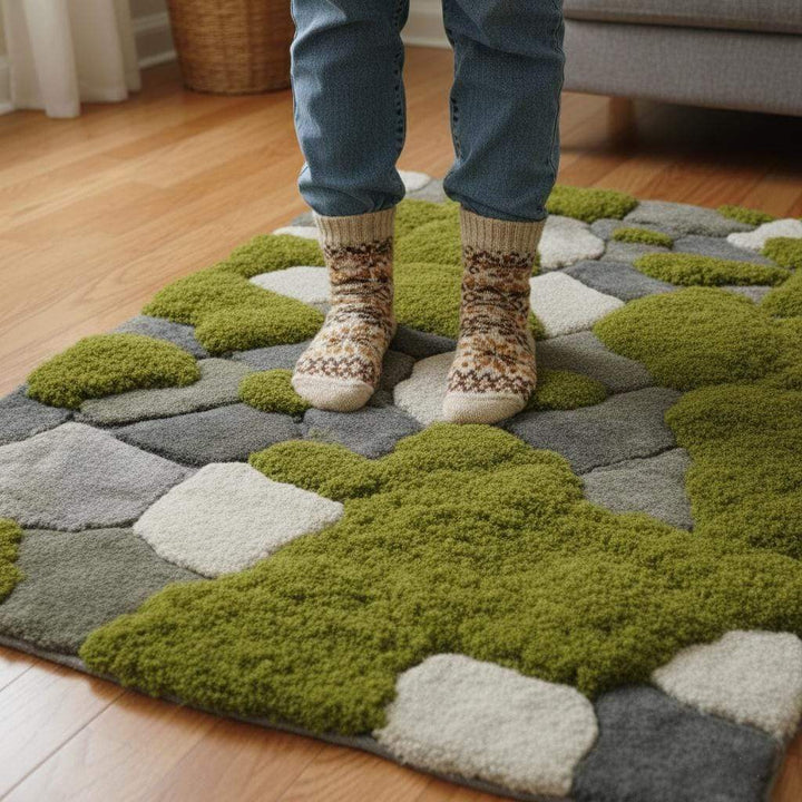 Translation missing: es.Hand-tufted moss rug with raised pebble design, soft green and stone tones creating a natural, plush floor covering