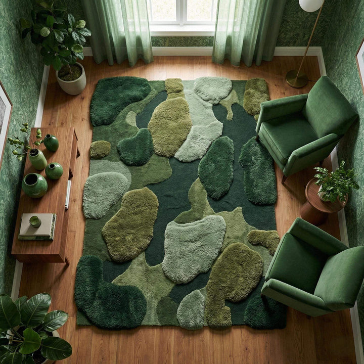 Translation missing: en.Hand-tufted moss rug with green abstract organic design and sculpted high-low wool pile