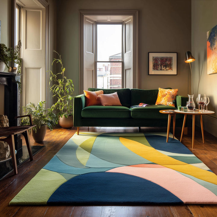 Translation missing: es.Abstract geometric rug with vibrant multicolor shapes in 9x12 modern retro design