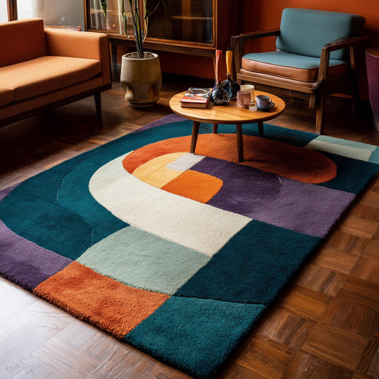 Translation missing: es.Abstract geometric rug with multicolor retro design in teal, orange, purple, cream, and mint tones, soft textured rectangular area rug