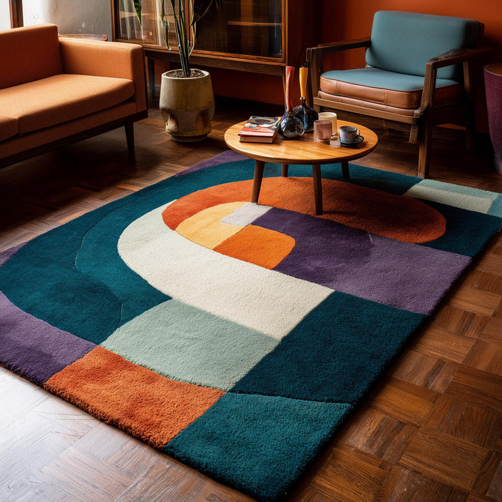 Translation missing: es.Abstract geometric rug with multicolor retro design in teal, orange, purple, cream, and mint tones, soft textured rectangular area rug
