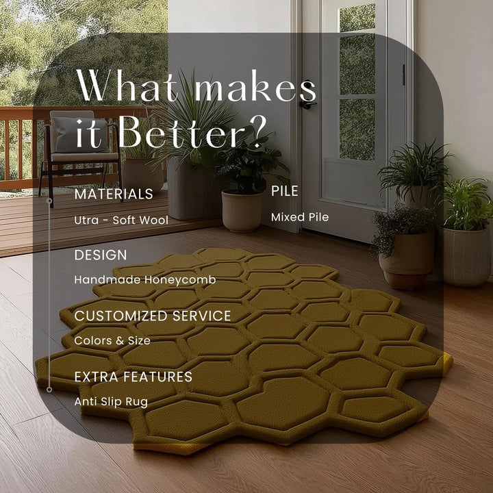 Translation missing: es.Mustard Honeycomb Rug — Sculpted Hexagon Accent Rug for Entryway &amp; Living Room