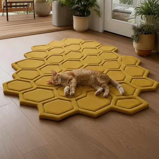 Translation missing: es.Irregular honeycomb-edge rug photographed in entryway with potted plants