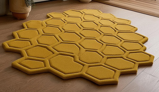 Translation missing: es.Low-angle shot highlighting three-dimensional hexagon seams and warm mustard tone