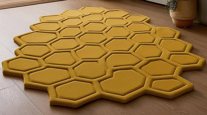 Translation missing: es.Mustard Honeycomb Rug — Sculpted Hexagon Accent Rug for Entryway &amp; Living Room