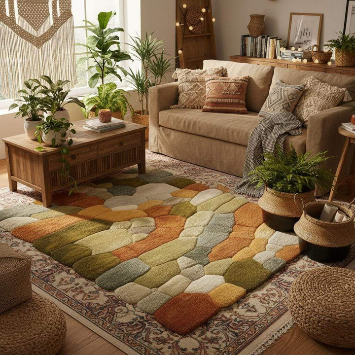 Translation missing: en.Nature Pebble Moss Rugs | 3D Stone Rug Carpet | Green Earth Tone Teppich | Hand Tufted Boho Rugs | Custom Abstract Rug | Bedroom Rugs Modern