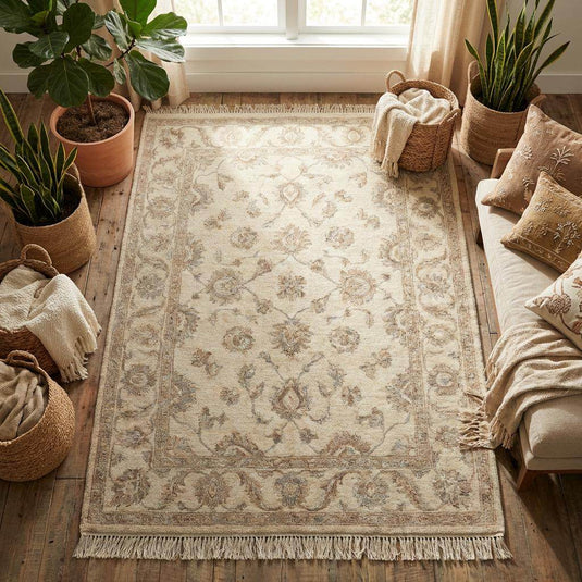 Translation missing: es.Handmade wool area rug styled with modern furniture and neutral interior décor