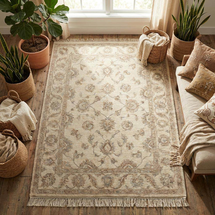 Translation missing: es.Handmade wool area rug styled with modern furniture and neutral interior décor