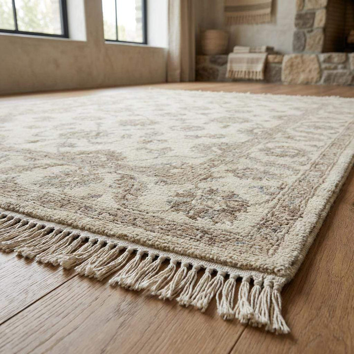 Translation missing: es.Neutral Oushak Area Rug Hand Knotted Wool Floral Living Room Rug