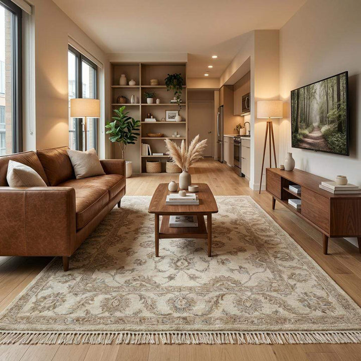 Translation missing: es.Traditional hand knotted floral rug in soft neutral tones suitable for living room or bedroom