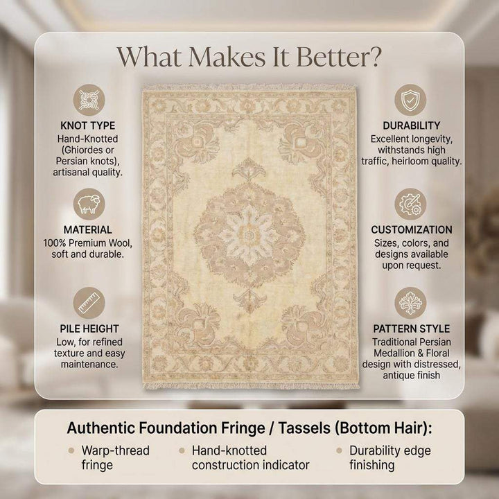 Translation missing: es.Neutral Oushak Hand Knotted Wool Rug for Living Room &amp; Bedroom Decor