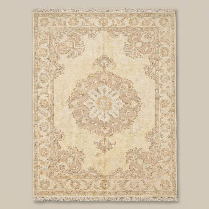 Translation missing: es.Neutral hand knotted area rug with medallion pattern and traditional floral border design