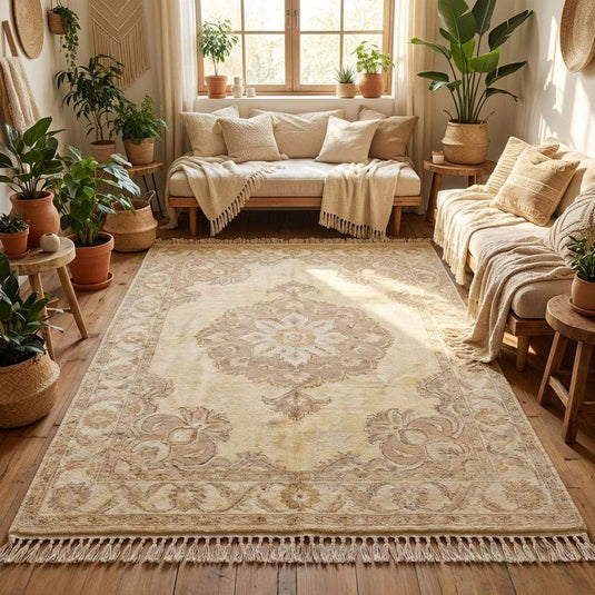 Translation missing: es.Ivory and beige Oushak style wool rug placed on hardwood floor with classic furniture