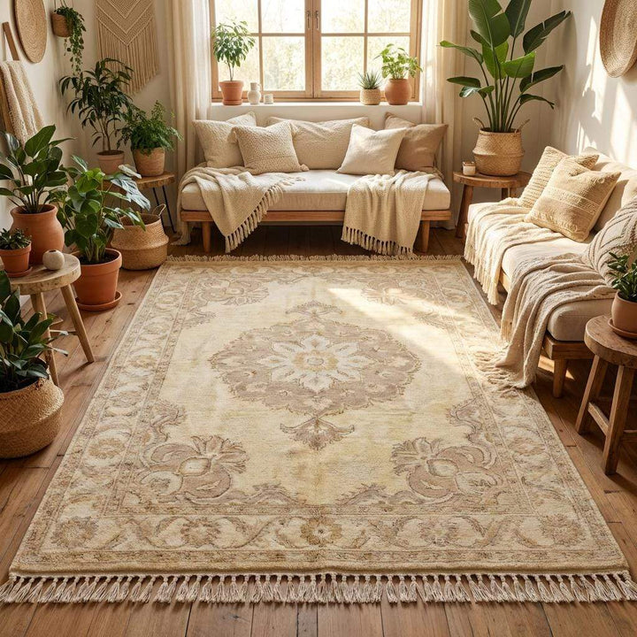 Translation missing: es.Ivory and beige Oushak style wool rug placed on hardwood floor with classic furniture
