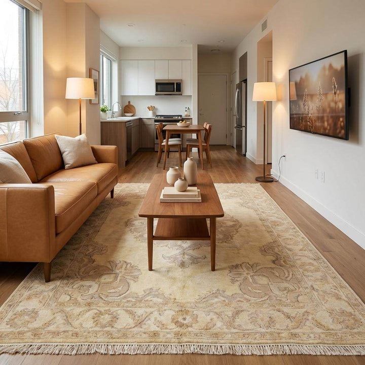 Translation missing: es.Artisan made wool Oushak rug suitable for living room and bedroom interiors