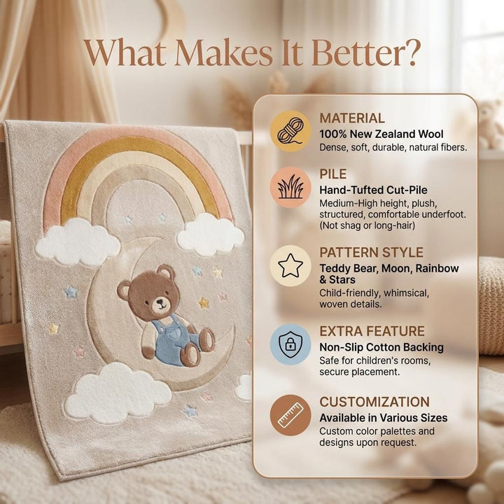 Translation missing: es.Nursery Hand Tufted Wool Rug Teddy Bear Moon Rainbow Kids Room Decor Soft Plush Area Rug __etsy:7984996946