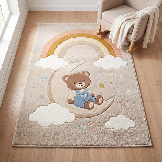 Translation missing: es.Hand tufted wool nursery rug with teddy bear sitting on moon under rainbow in soft neutral kids room __etsy:8032942689
