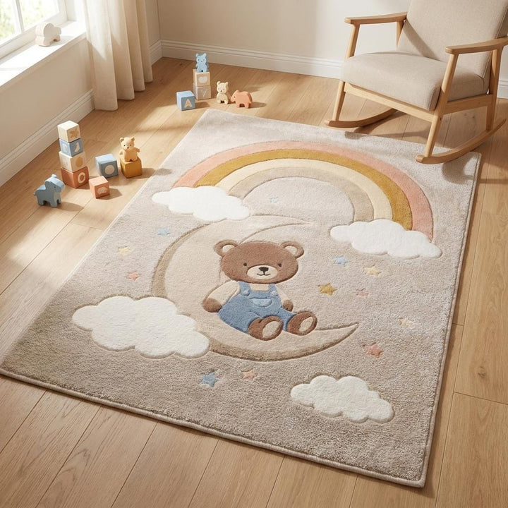 Translation missing: es.Nursery Hand Tufted Wool Rug Teddy Bear Moon Rainbow Kids Room Decor Soft Plush Area Rug __etsy:8032937883