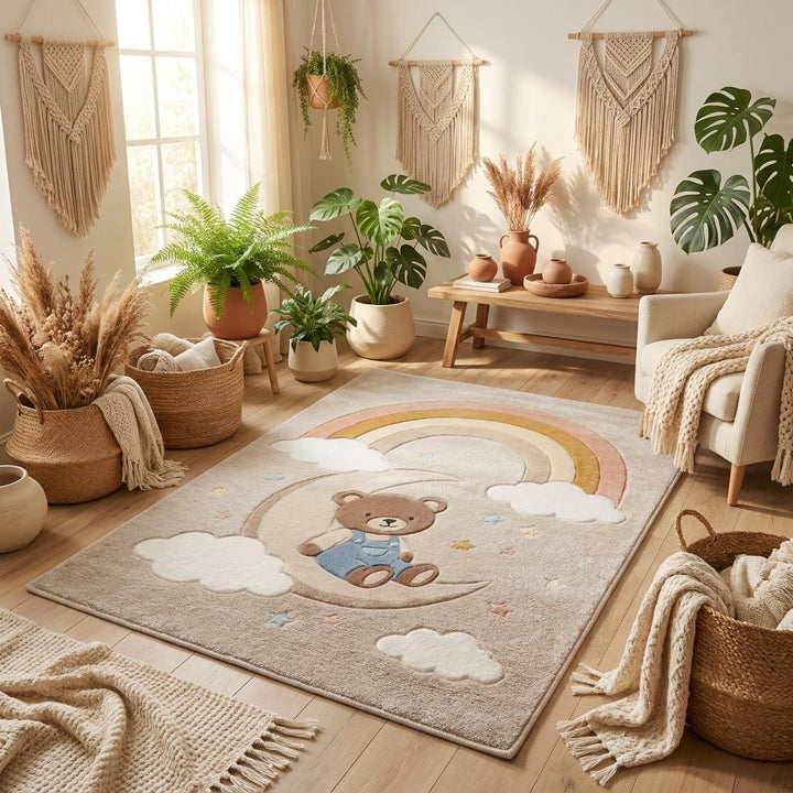 Translation missing: es.Soft wool kids area rug styled beside wooden rocking chair in minimalist nursery setting __etsy:7984995084