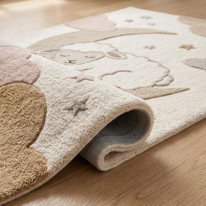 Translation missing: es.Nursery Moon Lamb Rug, Handmade Tufted Kids Room Carpet in Neutral Beige Pink Cloud Design __etsy:8042227117