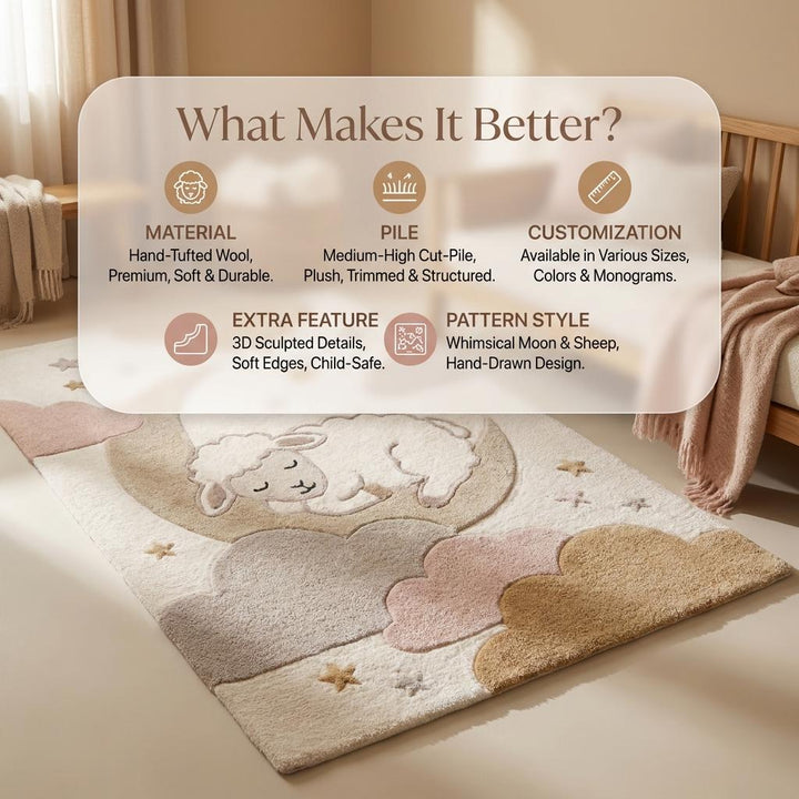 Translation missing: es.Nursery Moon Lamb Rug, Handmade Tufted Kids Room Carpet in Neutral Beige Pink Cloud Design __etsy:8042227193