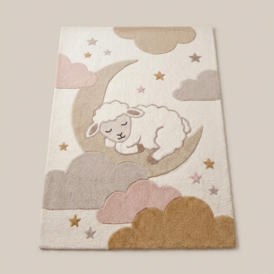 Translation missing: es.Neutral kids room area rug with moon and star pattern styled beside boucle chair in Scandinavian-inspired nursery interior __etsy:7994290558