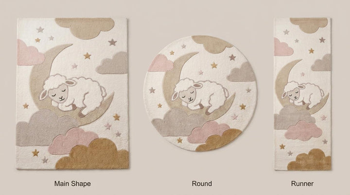 Translation missing: es.Rectangle nursery rug design with custom round and runner hallway options available featuring lamb, moon, and cloud shapes in soft pastel tones __etsy:7994290562