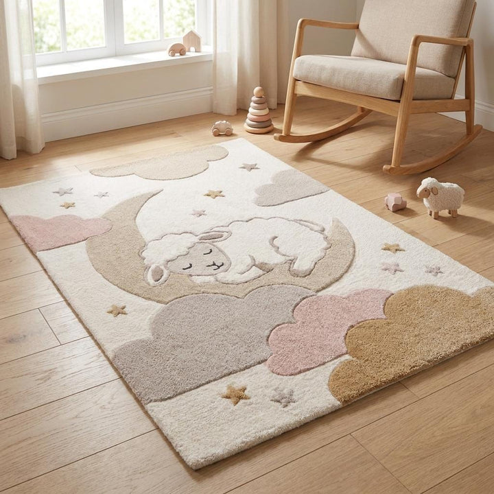 Translation missing: es.Premium handmade children’s rug with moon and stars motif crafted in soft neutral colors for minimalist nursery and contemporary interiors __etsy:8042227115