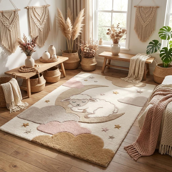 Translation missing: es.Modern handmade playroom carpet in ivory, beige, and blush pink with whimsical celestial theme for calming baby room styling __etsy:7994290578