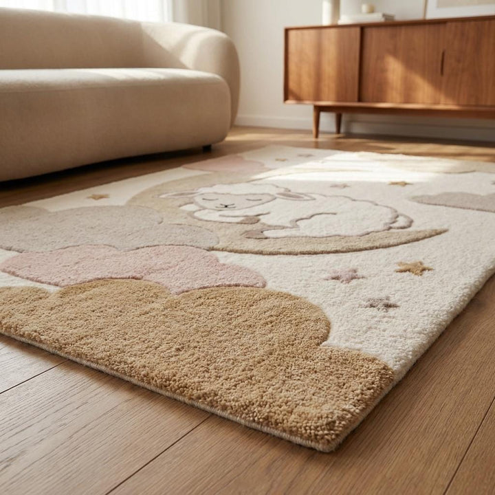 Translation missing: es.Nursery Moon Lamb Rug, Handmade Tufted Kids Room Carpet in Neutral Beige Pink Cloud Design __etsy:7994290568