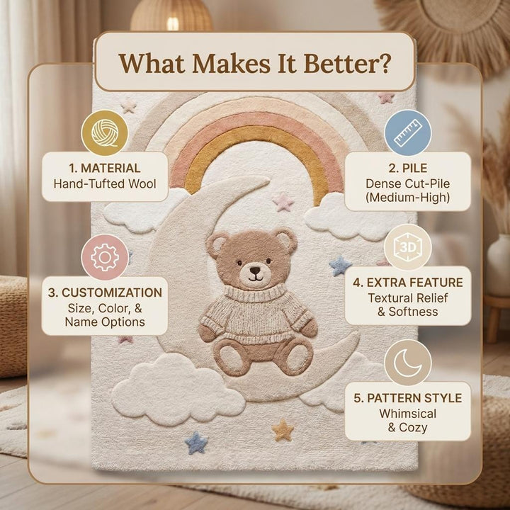 Translation missing: es.Nursery Wool Tufted Rug – Teddy Bear Rainbow Design for Baby Room Decor __etsy:8036445845