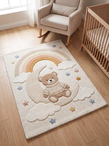 Translation missing: es.Soft wool nursery rug with teddy bear sitting on moon under rainbow in neutral baby room __etsy:8036445961