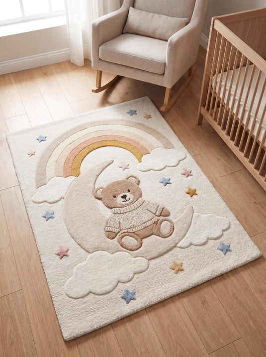 Translation missing: es.Soft wool nursery rug with teddy bear sitting on moon under rainbow in neutral baby room __etsy:8036445961