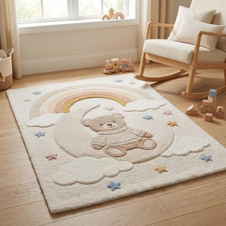 Translation missing: es.Cozy kids rug styled next to crib and rocking chair in minimalist nursery space __etsy:7988506814