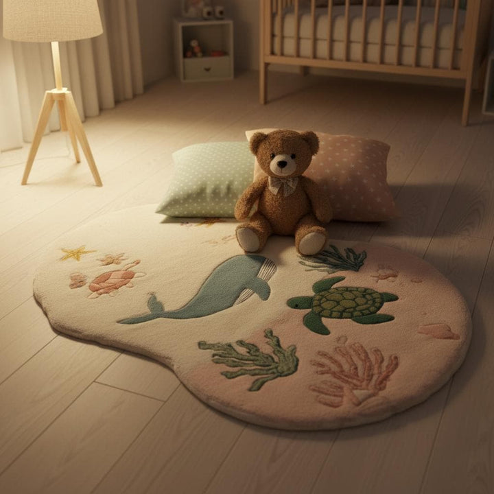 Translation missing: es.Ocean Theme Kids Rug | Sea Animal Nursery Carpet | Whale Turtle Play Mat | Handmade Tufted Wool Rug | Coastal Baby Room Decor | Montessori